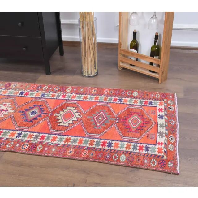 Vintage Turkish Oushak handmade wool cotton orange runner rug 83x336
