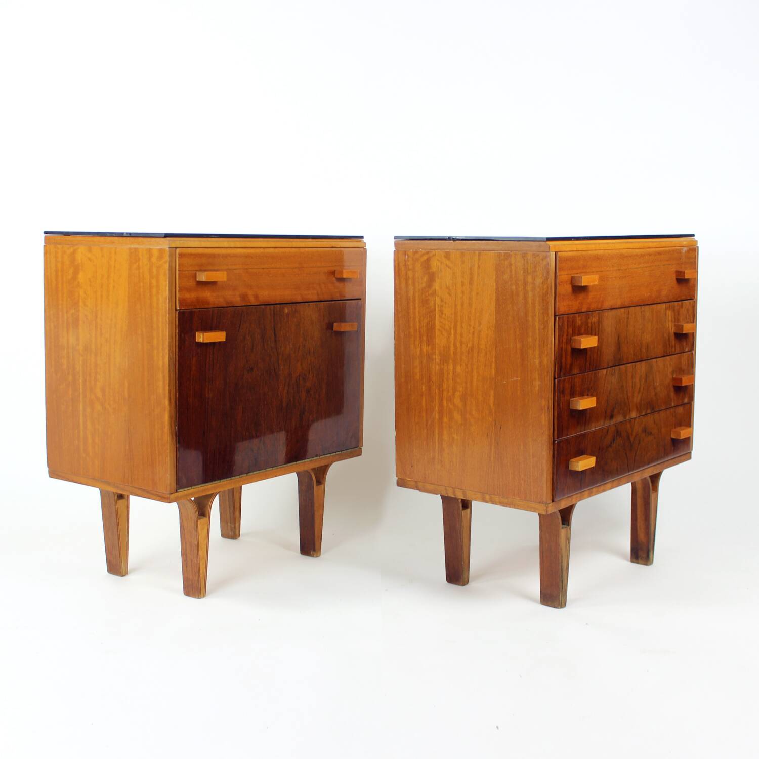Set Of Mid Century Bedside Tables In Walnut And Black Glass, Czechoslovakia