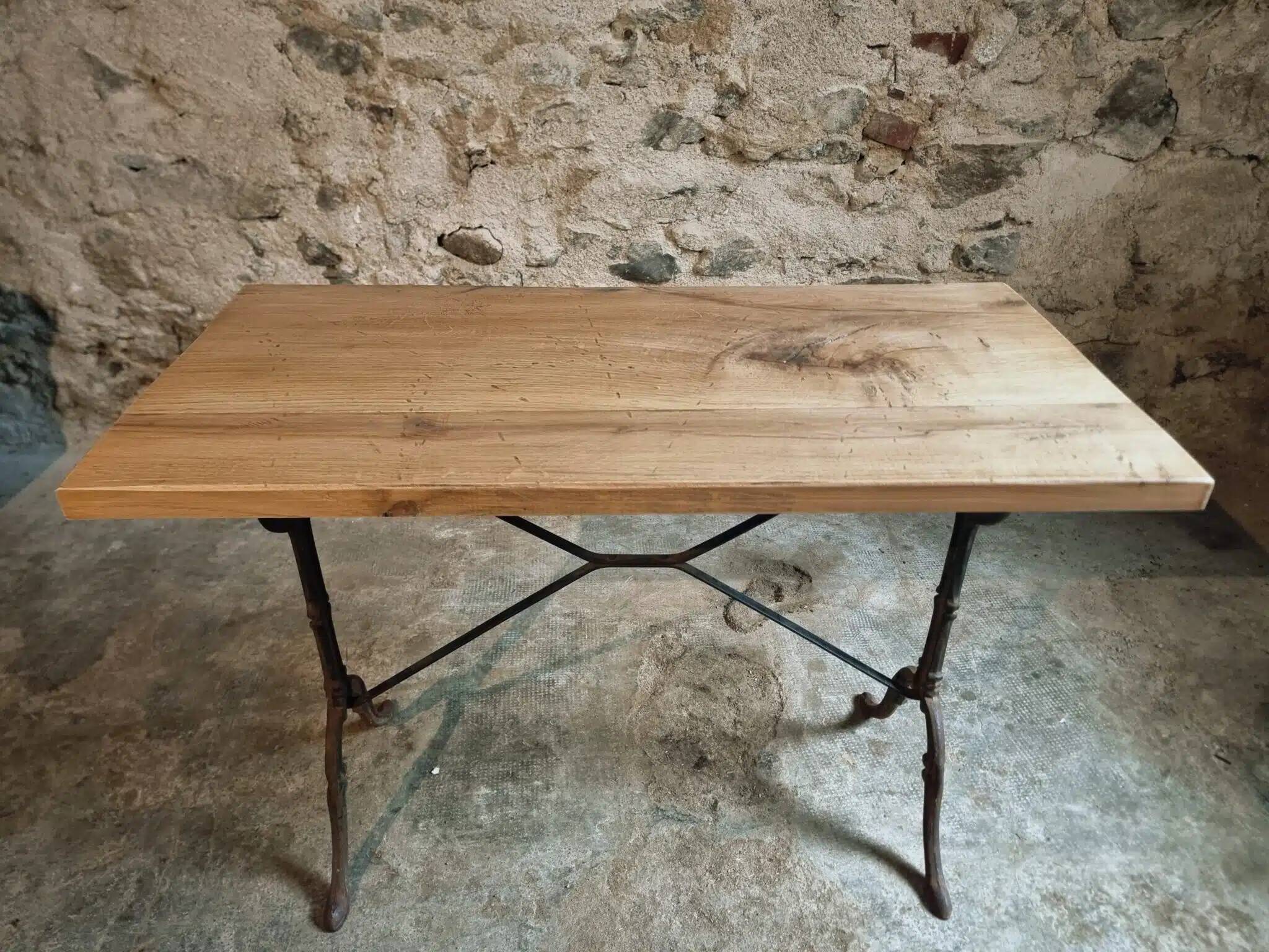 Vintage French bistro table - 1960s/70s cast iron base with solid oak top - retro coffee or wine table