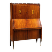 Bureau secrétaire vintage à rabats en bois exotique et laiton, années 1950.