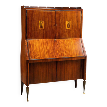 Bureau secrétaire vintage à rabats en bois exotique et laiton, années 1950.