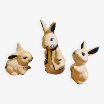 3 cracked ceramic rabbits, Dedham potter, USA