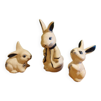 3 lapins en céramique craqelée  , poterier Dedham , Usa