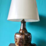 Lampe en terre cuite à glaçure et coulure brun, aucre et beige foncé. Quimper, France 1960