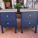 Tables de chevet MCM vintage – Bleu foncé, tiroirs et poignées laiton