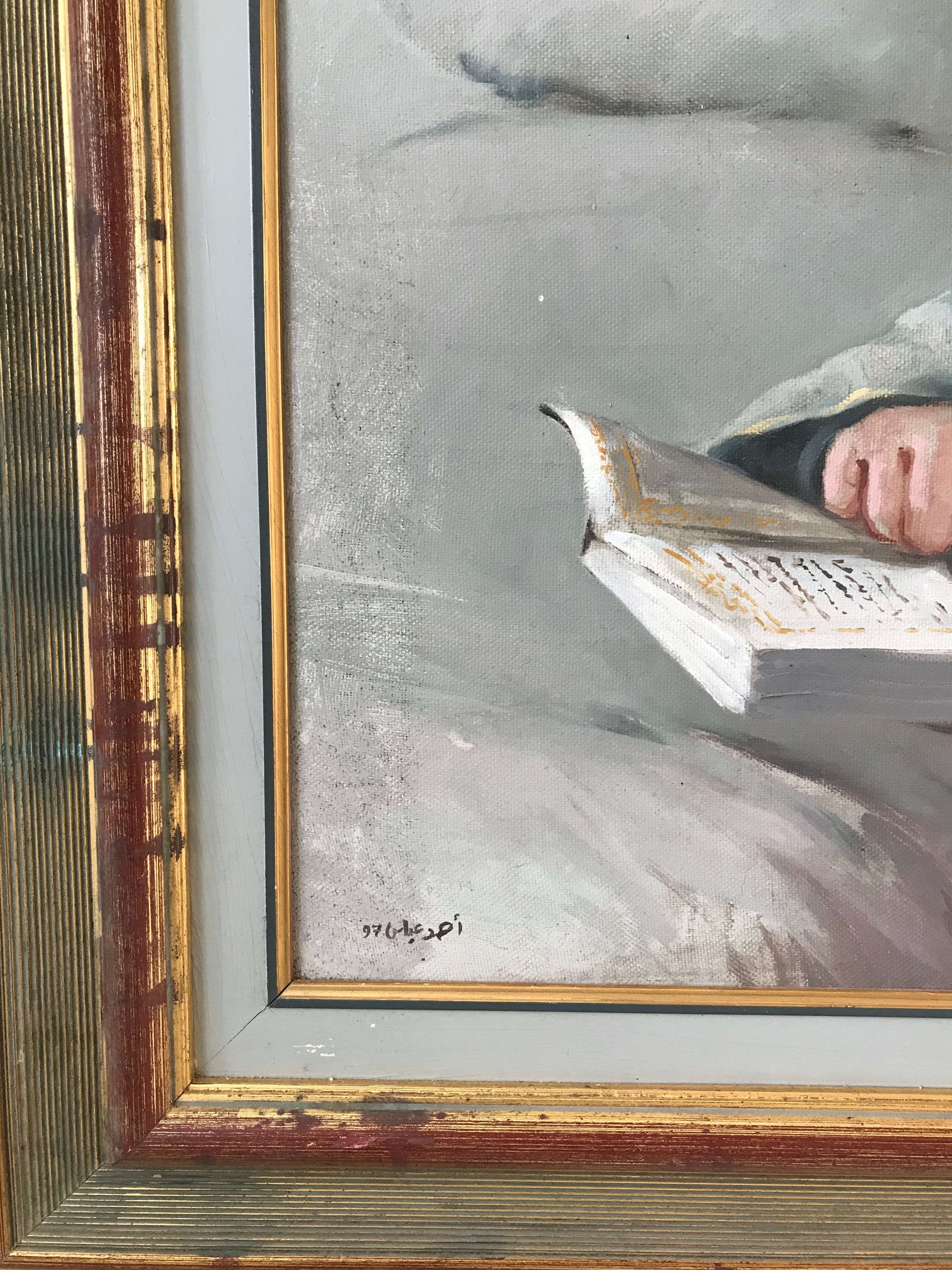 Oil painting on canvas portrait young girl who reads signed