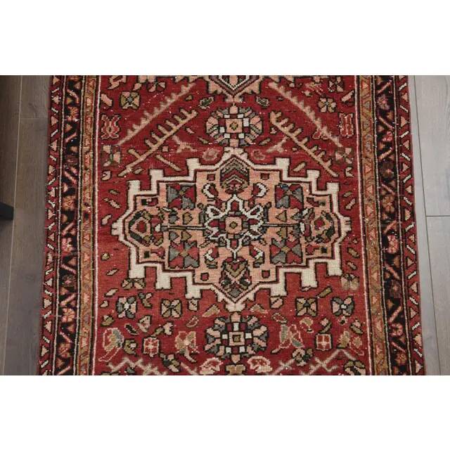 1970s Vintage Turkish Oushak Handmade Wool Cotton Red Runner Rug 101x305