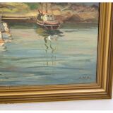 Oil painting on canvas with motif of fishing boats near shore