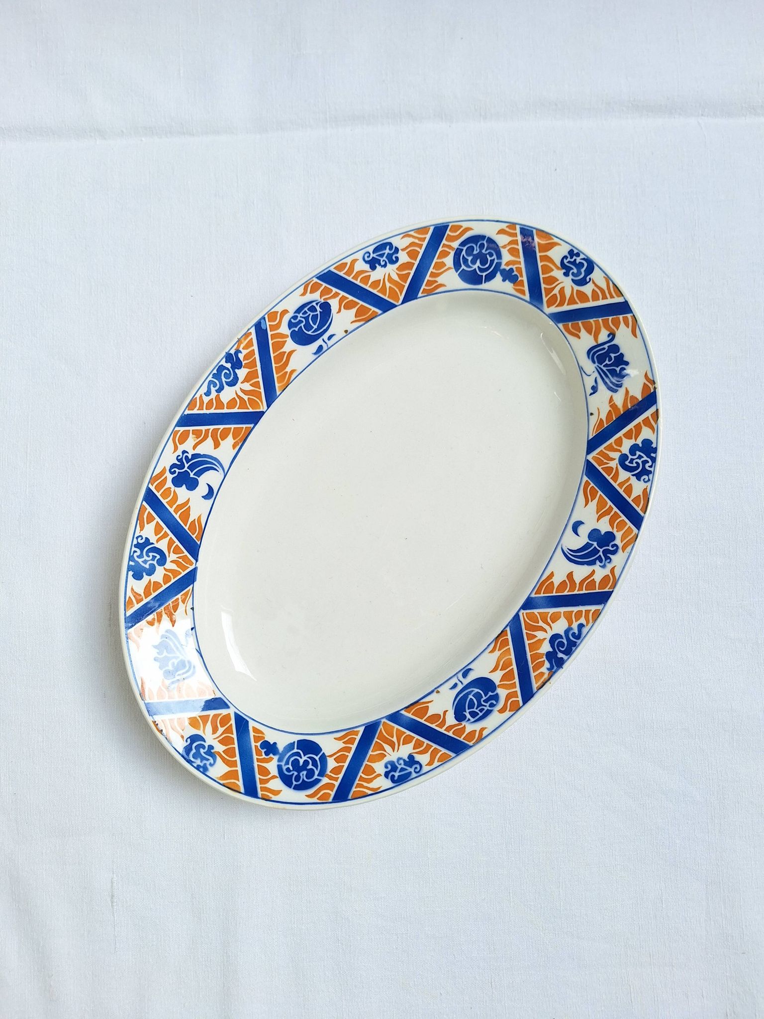 Oval dish Moulin des Loups Canada blue and orange Art Deco/Art Nouveau