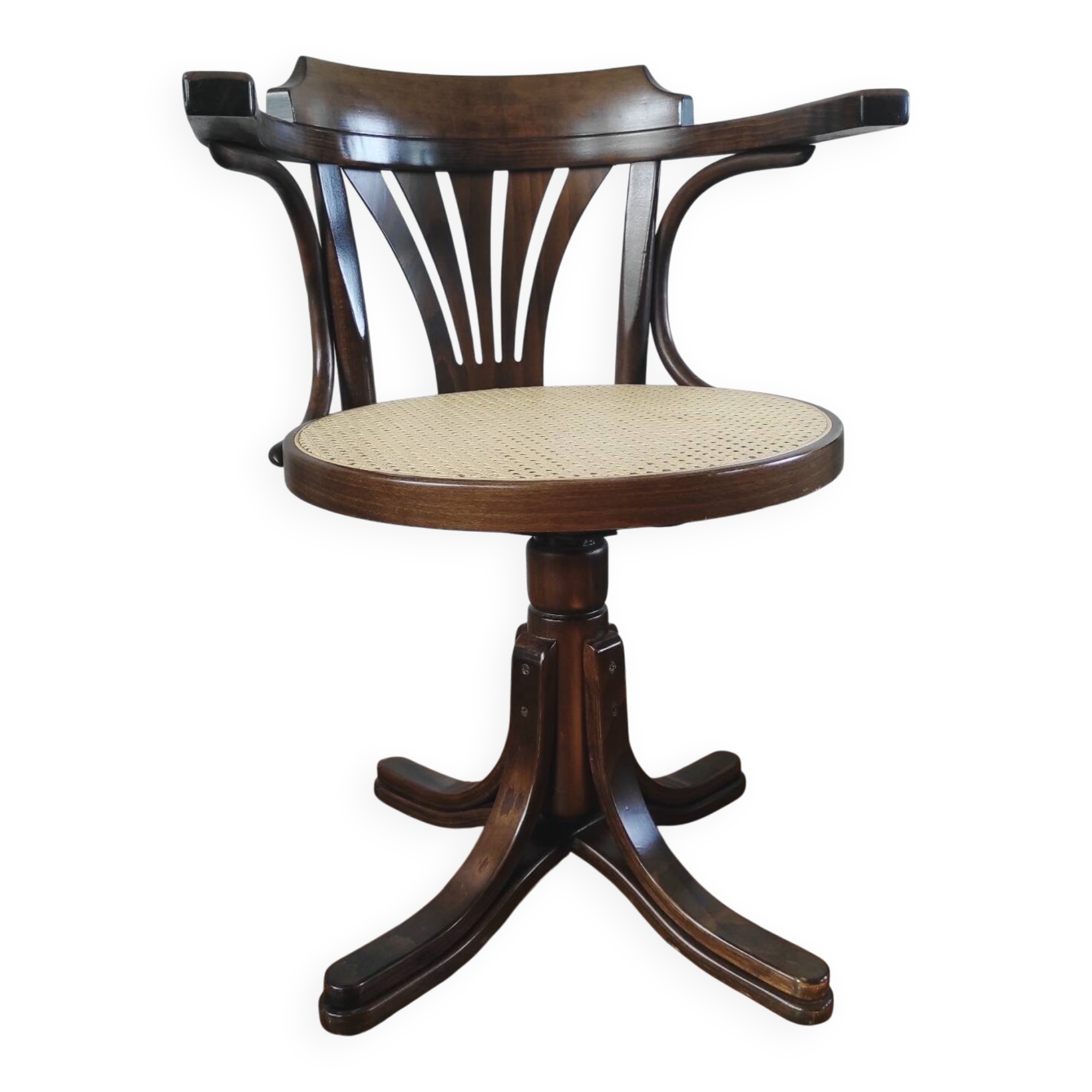 Vintage swivel office chair with curved wood and caning (Thonet style)