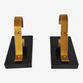 Pair of vintage Art Deco style bookends in marble and gold-plated metal