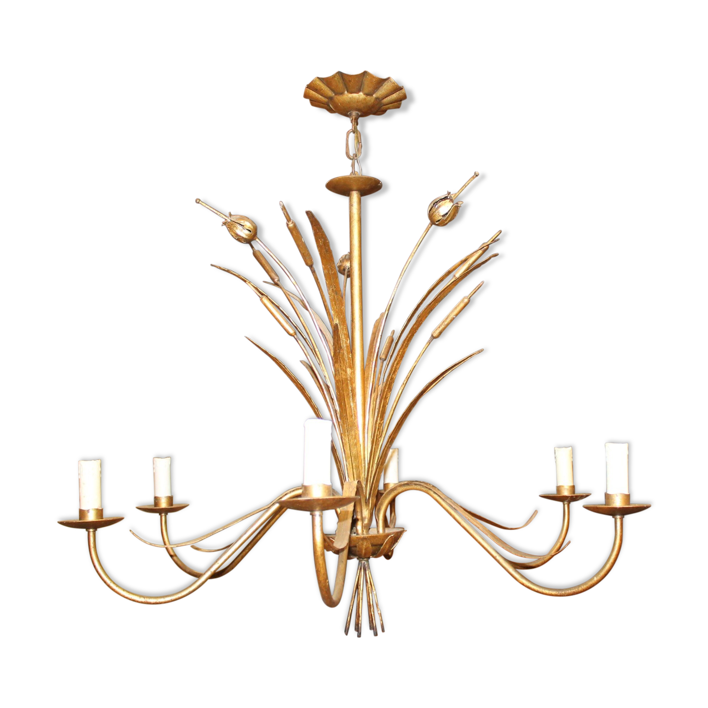 Lustre roseaux doré à six ampoules