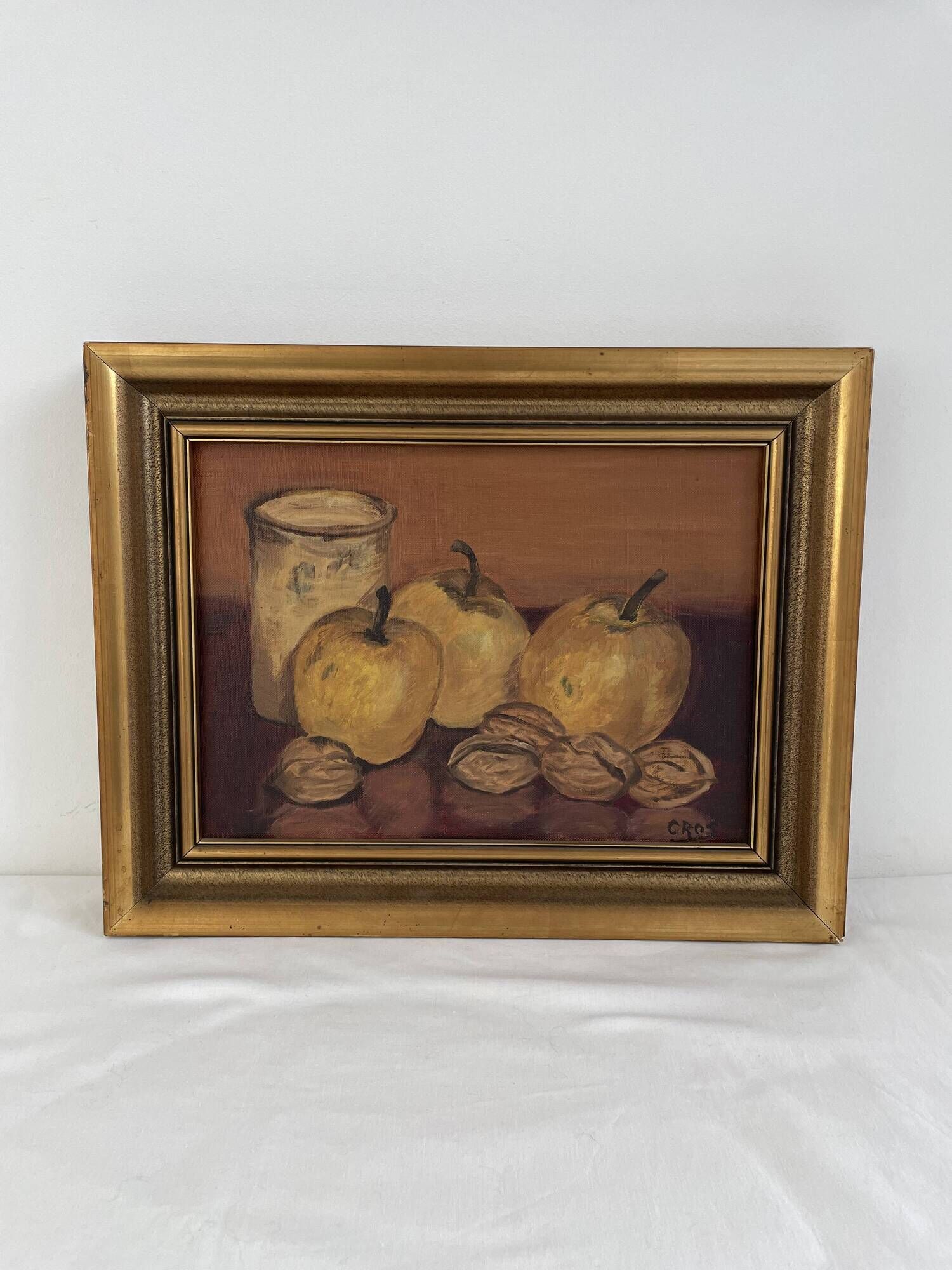 Oil painting on canvas, still life with fruits and pot, nuts, signed, George Cros, signed