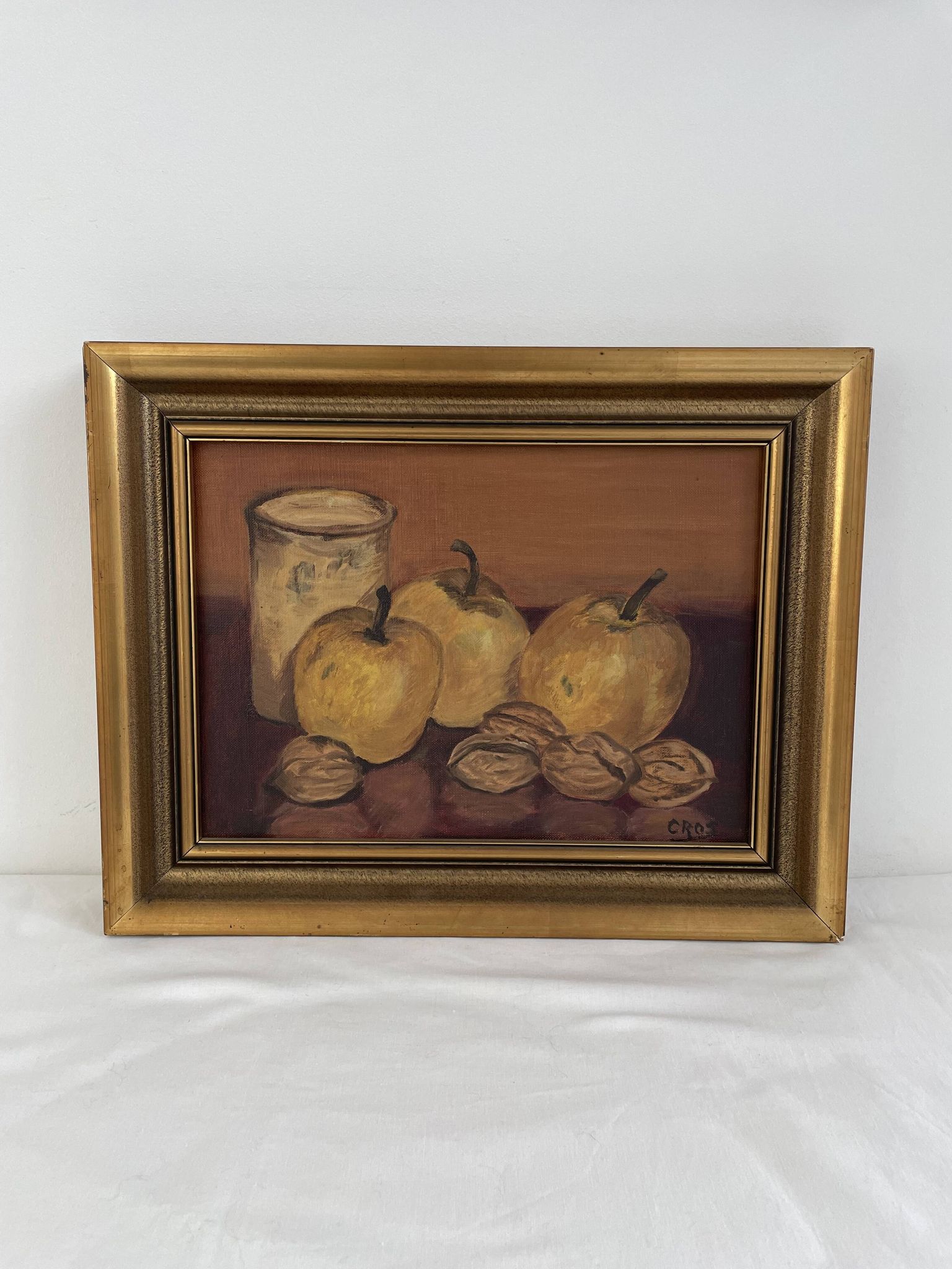 Oil painting on canvas, still life with fruits and pot, nuts, signed, George Cros, signed