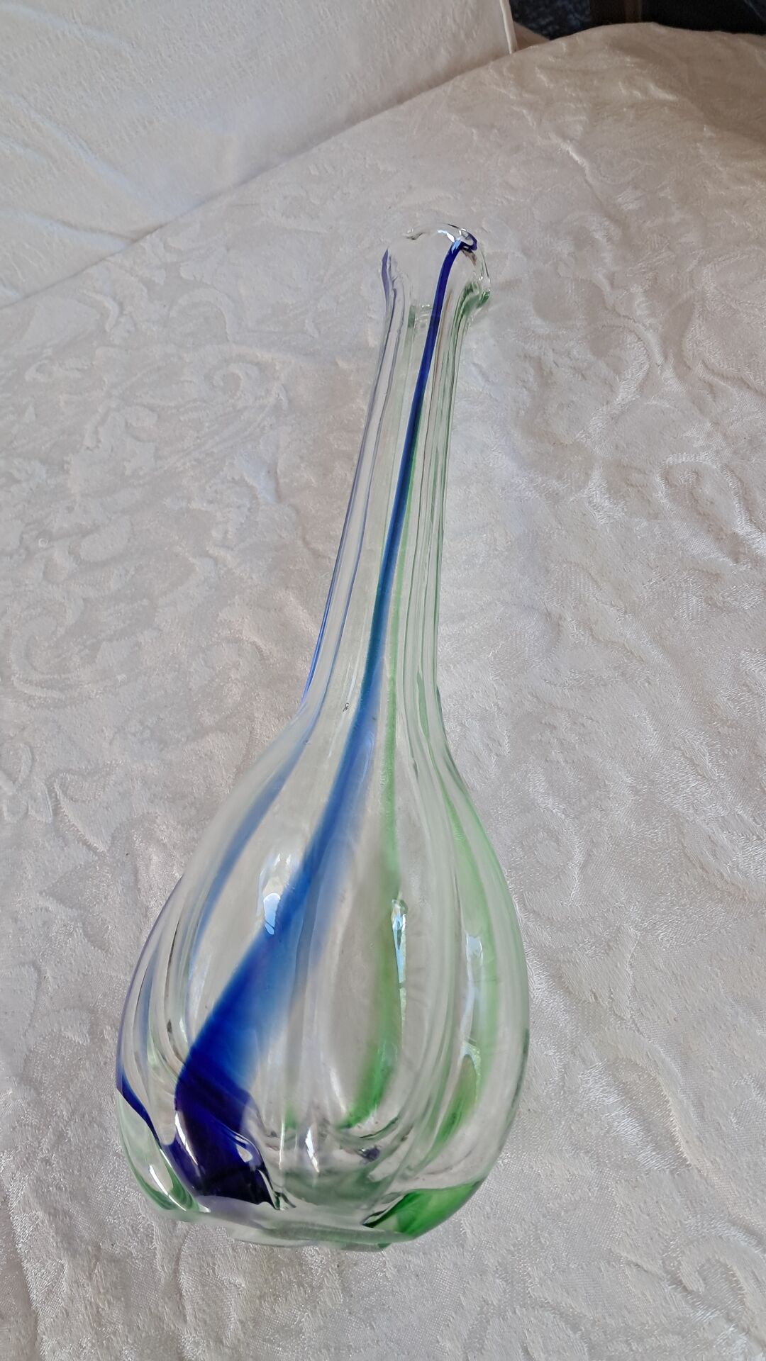 Vintage Murano glass filigree soliflore vase in blue and green.