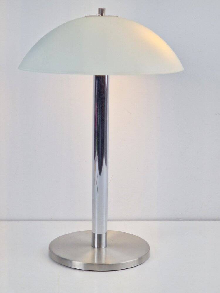 Mid-Century Mushroom Table Lamp in Sandblasted Glass, Stainless Steel & Chrome, 1960s