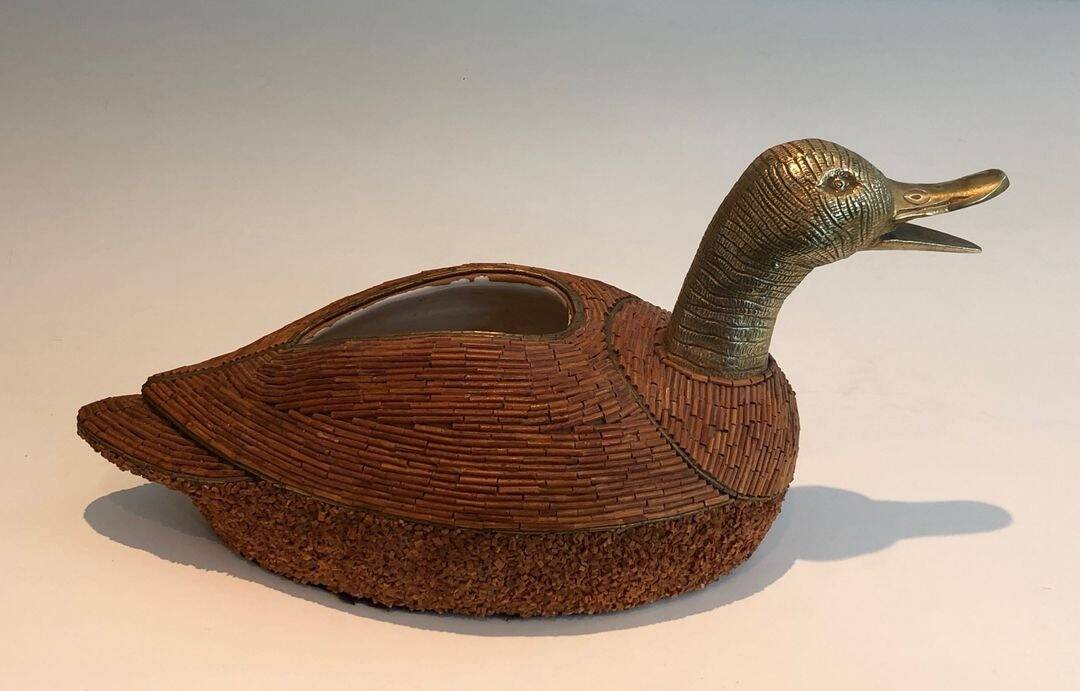 Ceramic and Brass Duck Catchall, Tarzia Firenze, Italian Work,