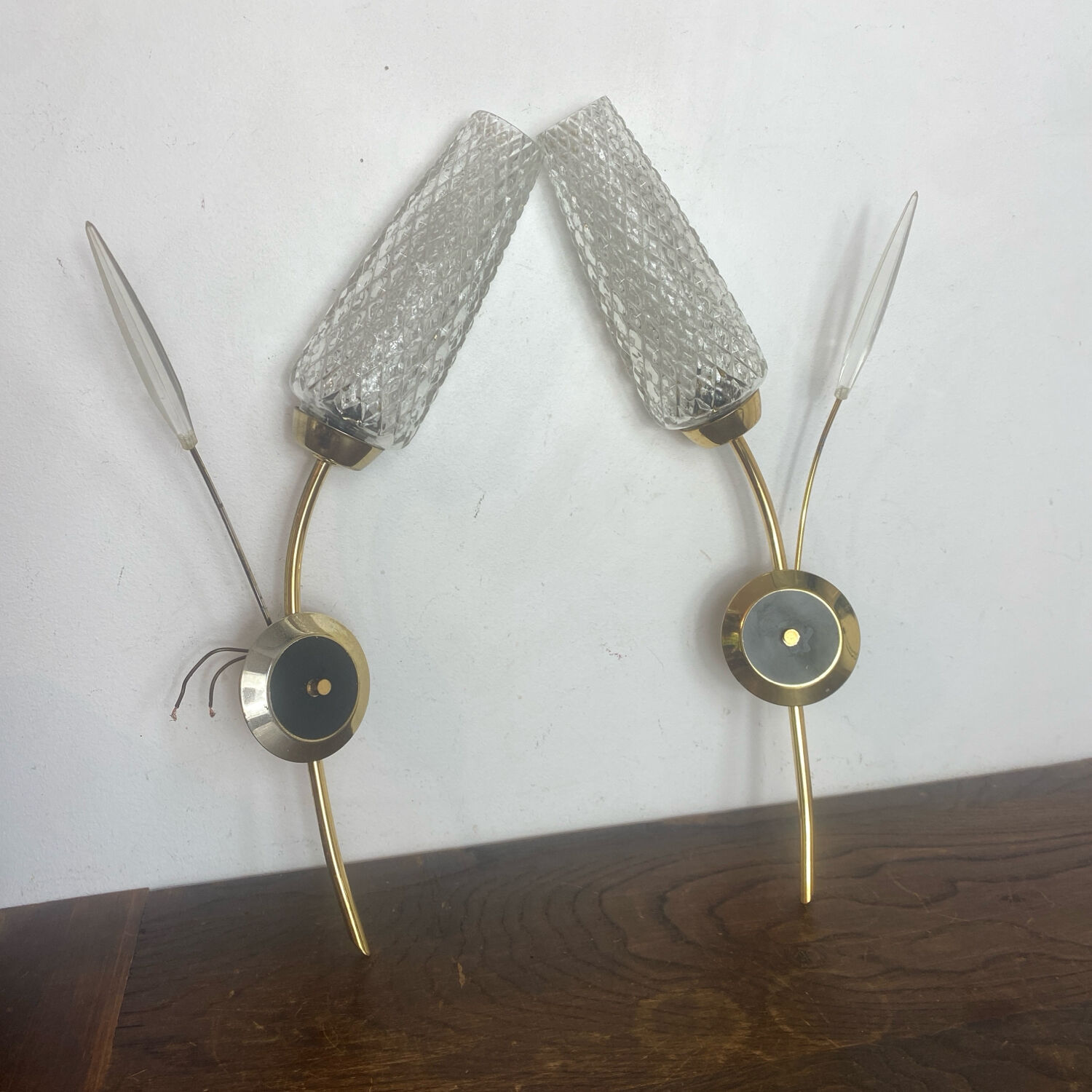Pair of retro wall lights, brass and glass
