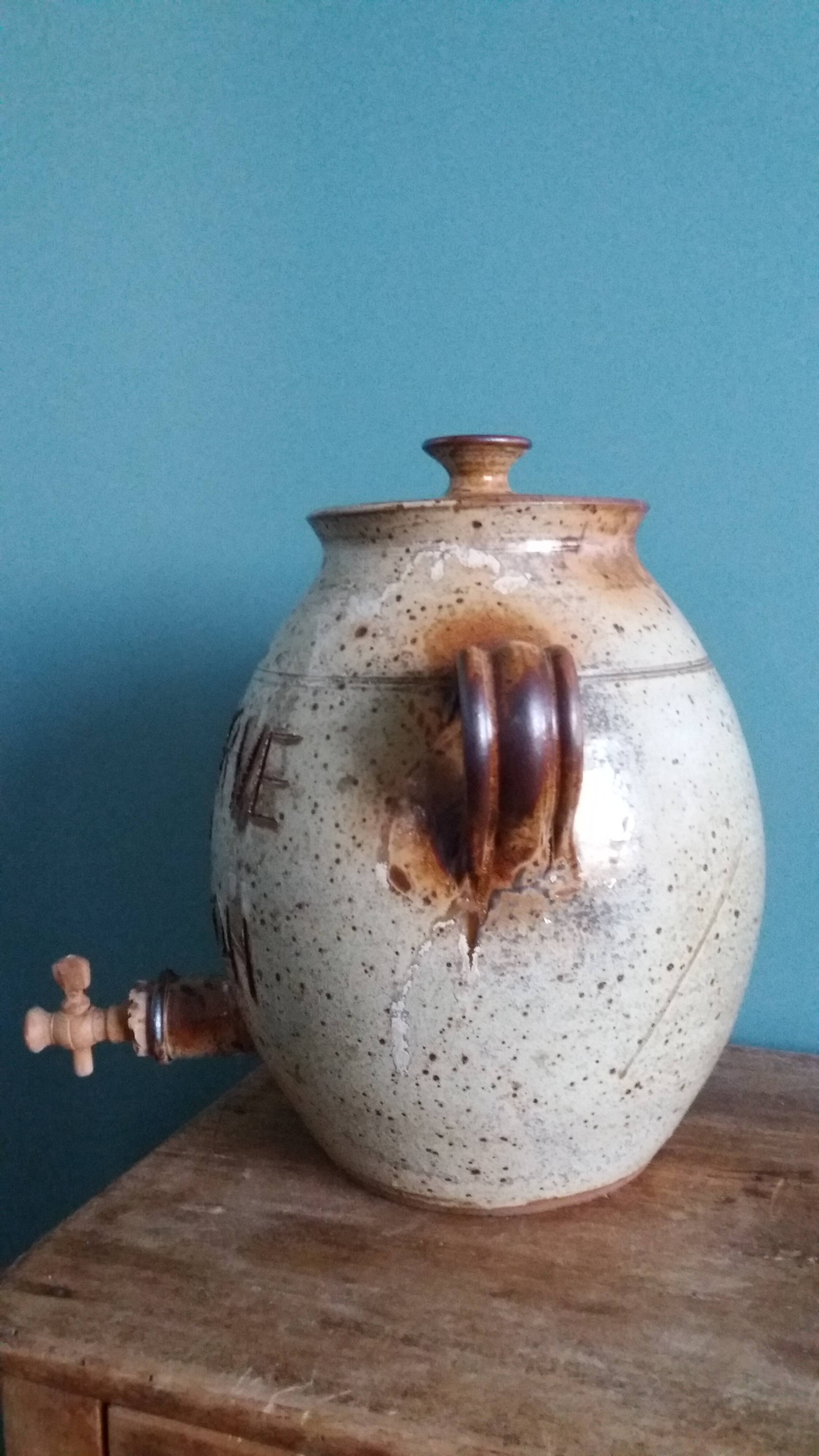 Vinaigrier pot alcohol jar signed Jean-Pierre Prud’homme stoneware from Puisaye