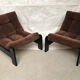 Modernist armchairs wood heaters and brown velvet vintage 70s