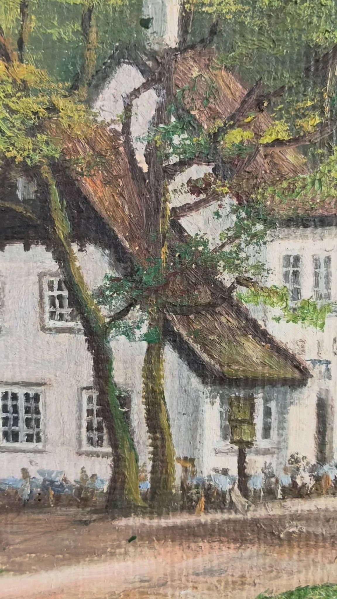 Peinture à l'huile de paysage de cottage vintage signée