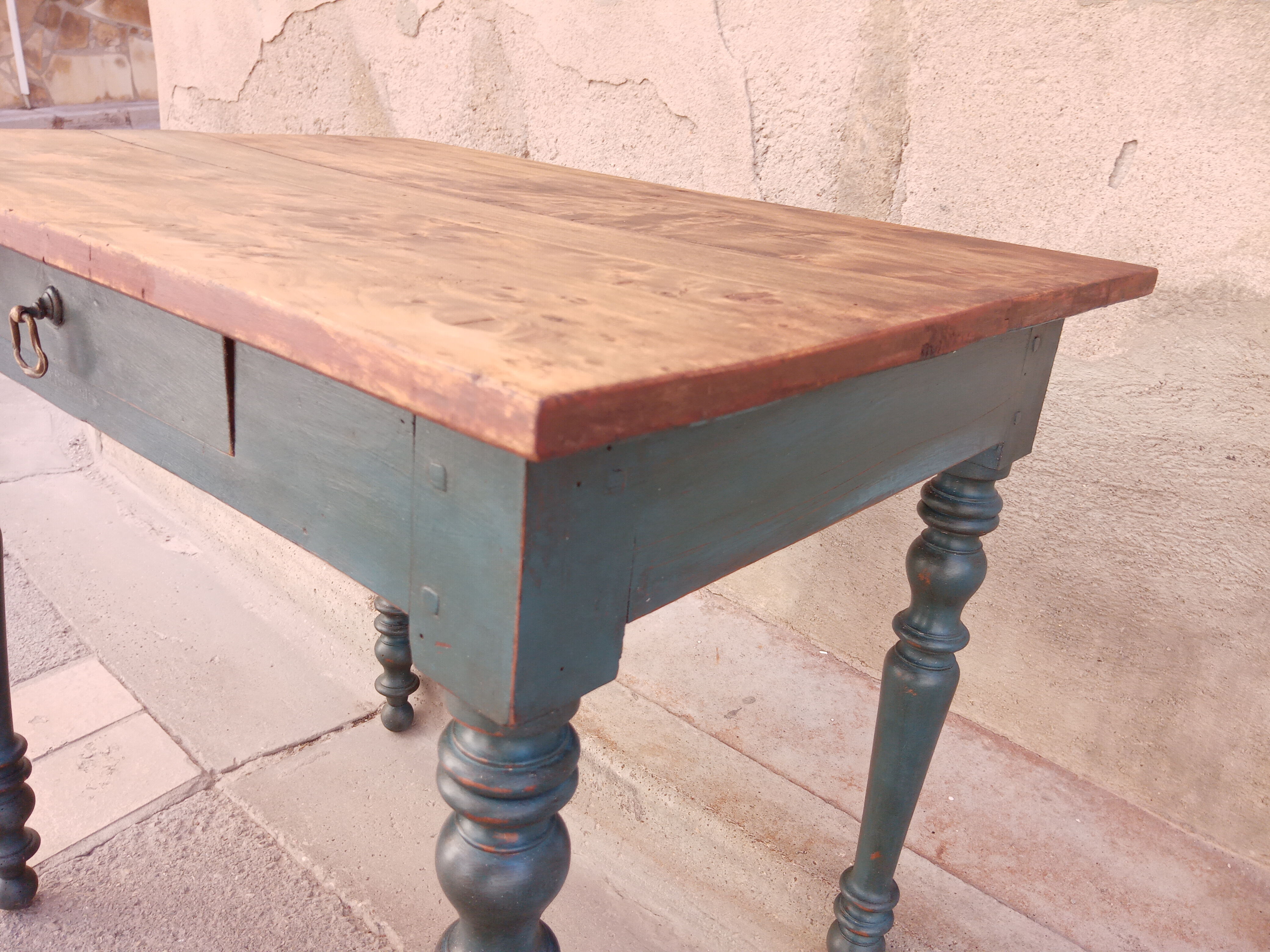 Old side table, desk, 1 drawer, blue patina aubusson