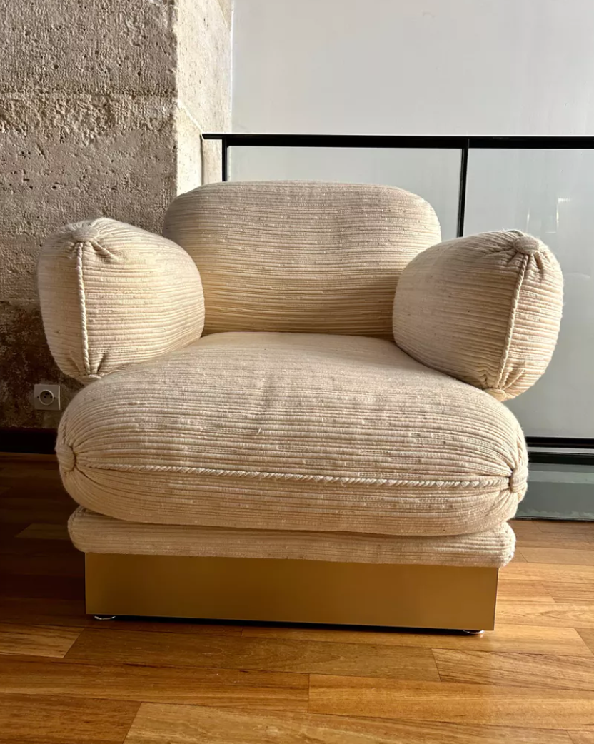 Pair of armchairs by Thibier in brass and wool France 1978