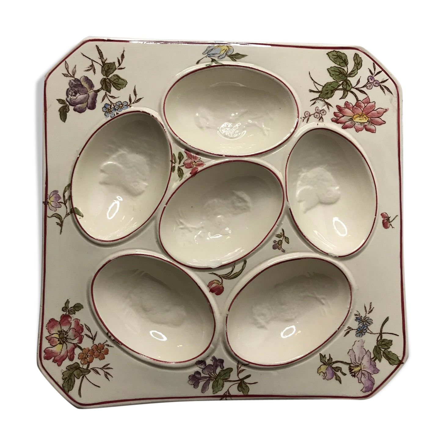 Old square plate longchamp XXth ceramic egg display