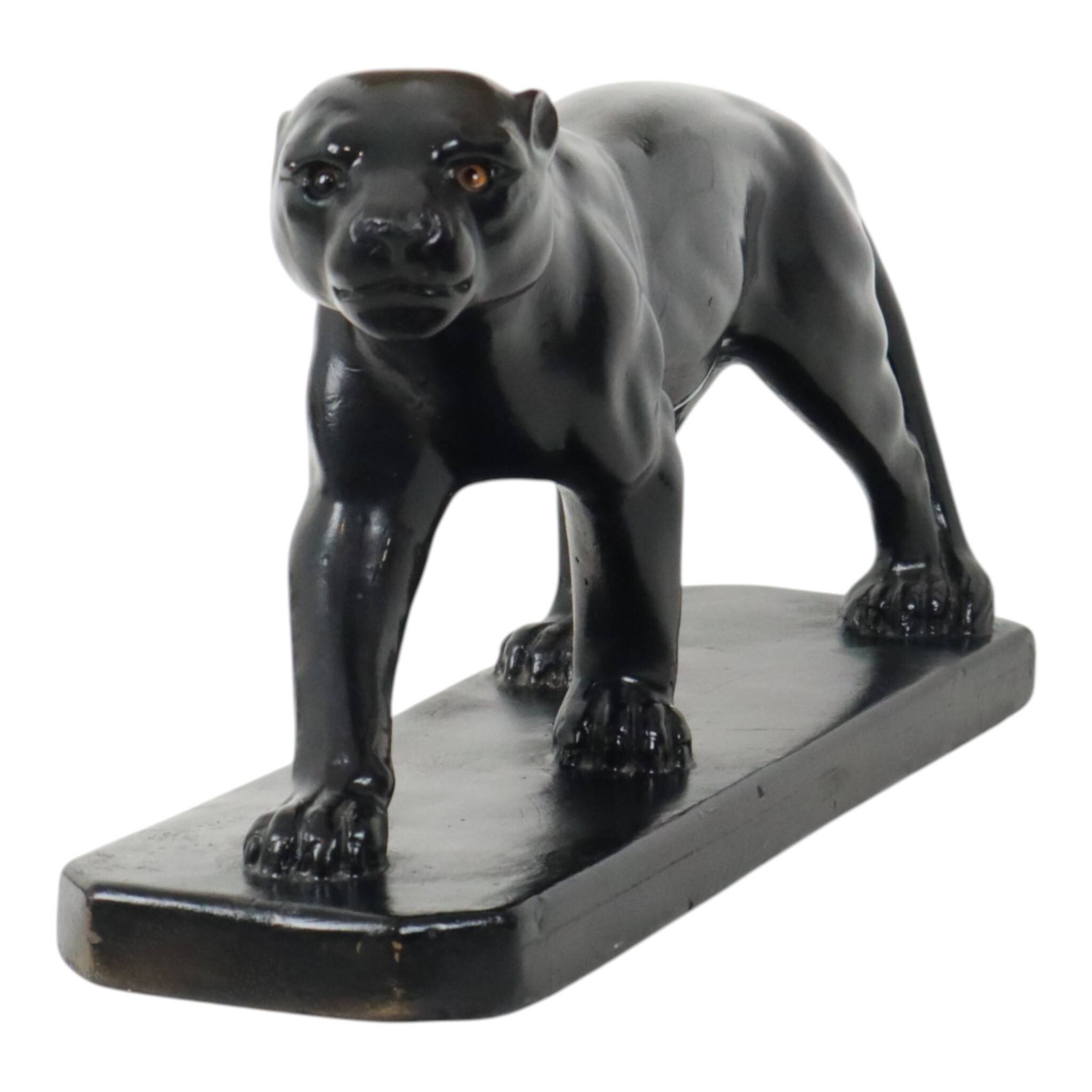 French Art Deco Style Panther Sculpture Black Lacquered Plaster 56cm