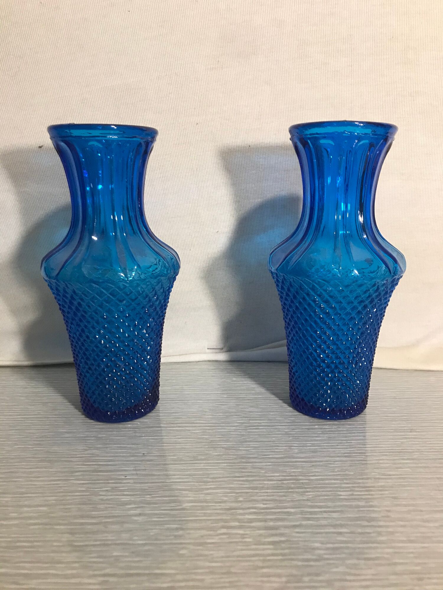 Pair Of Vase Ancient Art Deco Glass Molded Blue Geometric Shape Vintage
