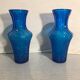 Pair Of Vase Ancient Art Deco Glass Molded Blue Geometric Shape Vintage