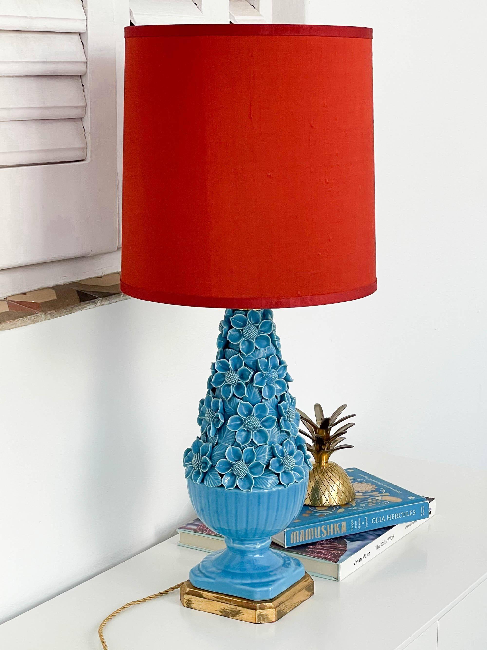 Turquoise glazed ceramic floral table lamp from Manises mid-century, with a new silk shade.