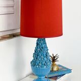 Turquoise glazed ceramic floral table lamp from Manises mid-century, with a new silk shade.