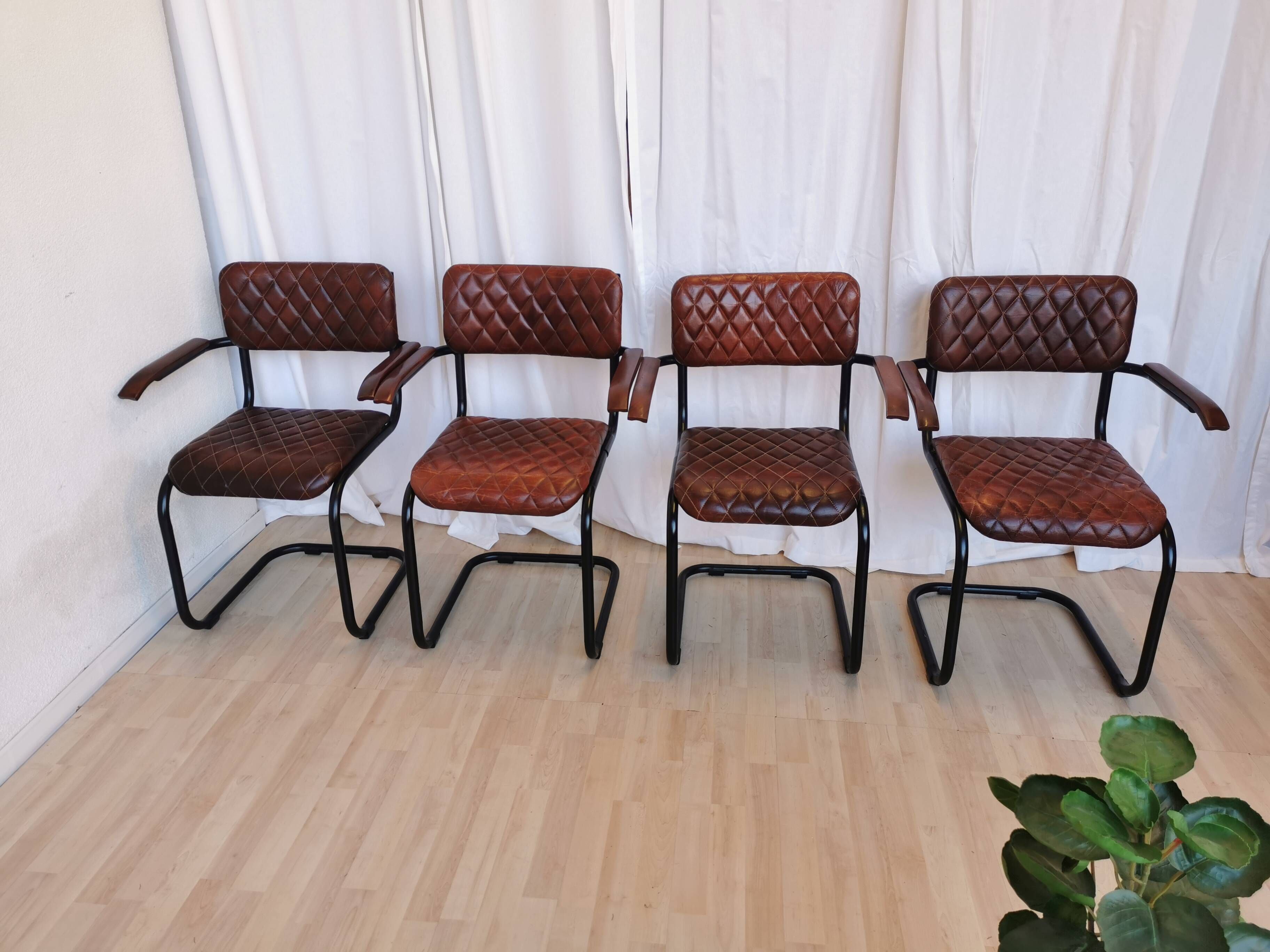 Set of 4 Vintage Quilted Leather Dining Chairs: Black Metal Base