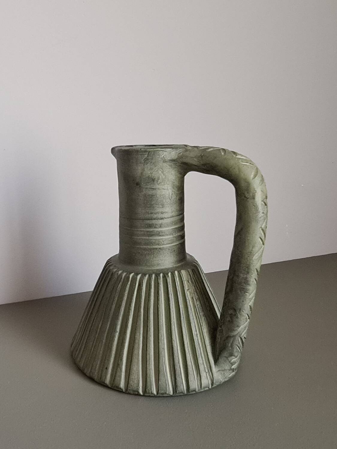 Vintage green ceramic pitcher, decorative jug from the 1960s