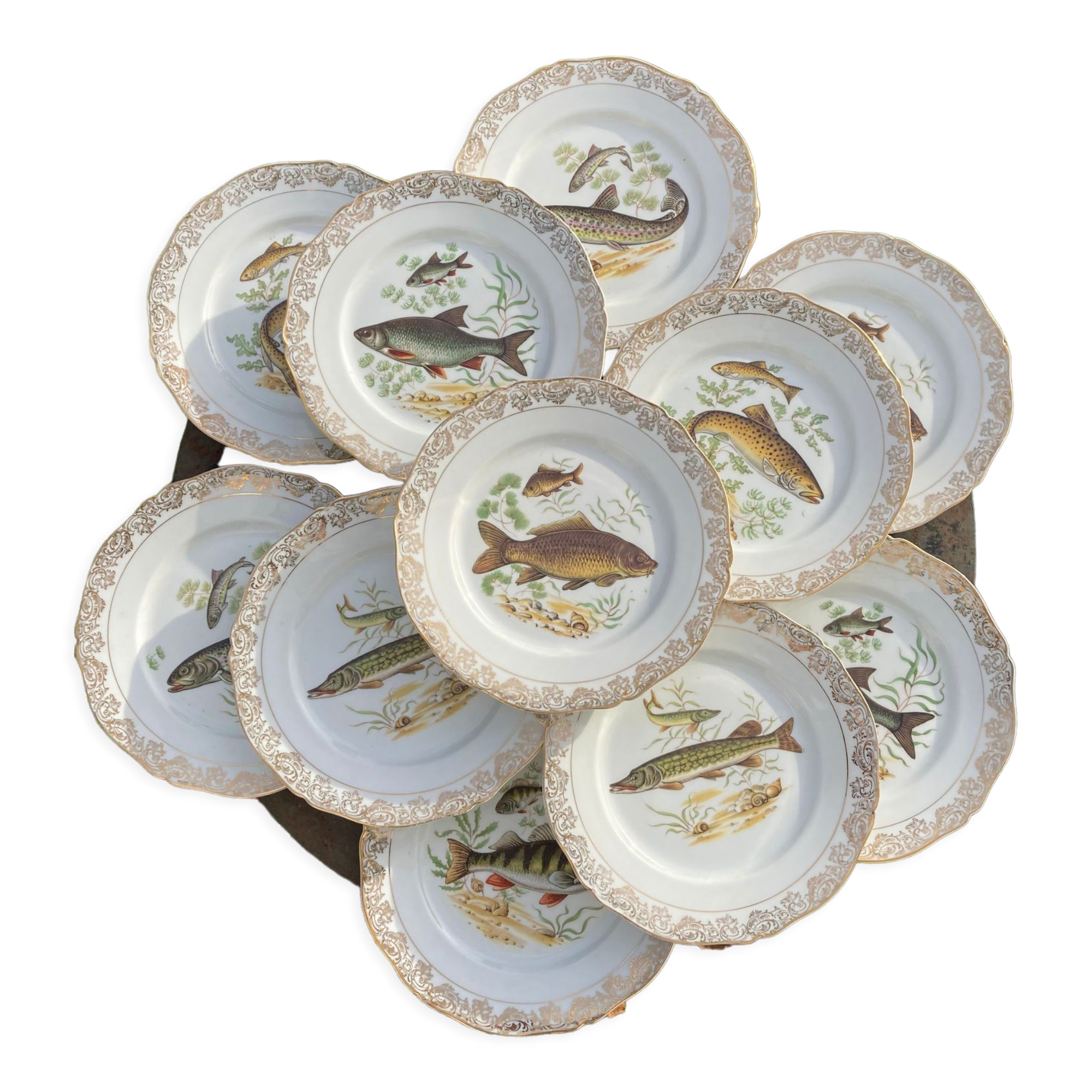 11 vintage Limoges porcelain fish plates