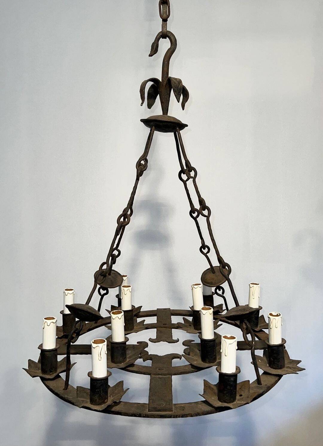 Wrought Iron Chandelier, 12 Lights, Gothic Style, French Work, circa 1