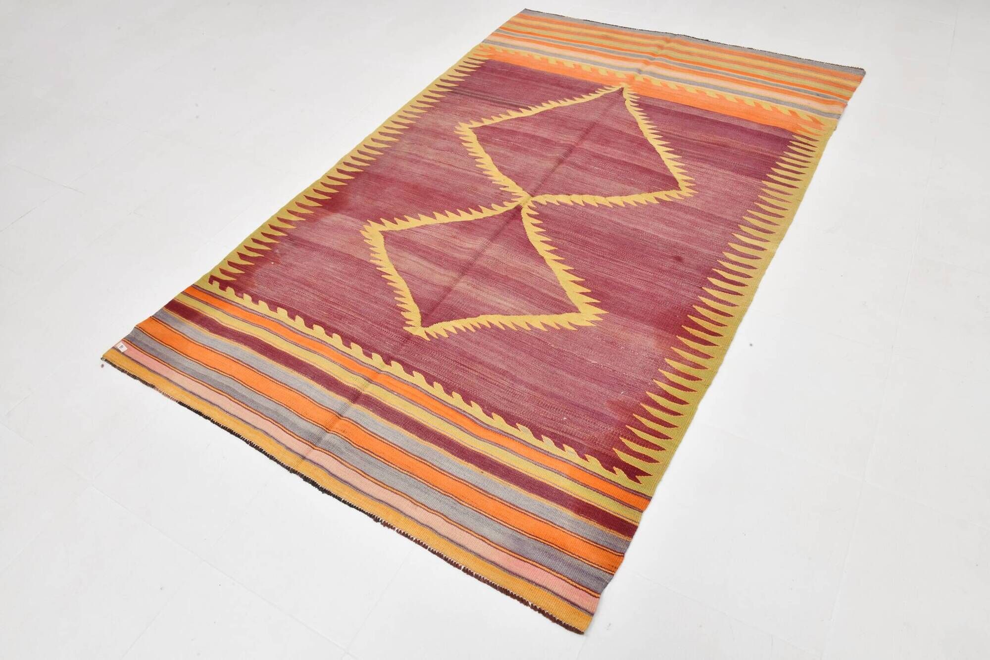 Wine Red & Orange Mid Century Modern Wool Kilim Rug, 153x239 Cm