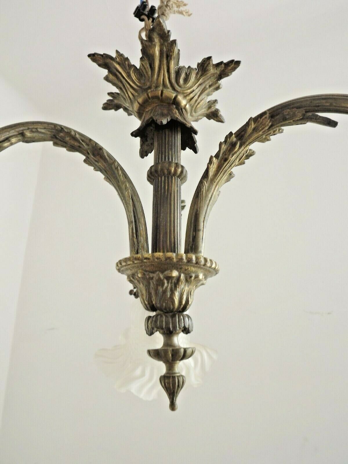 French antique bronze 3 light semi flush chandelier opaque patterned shades