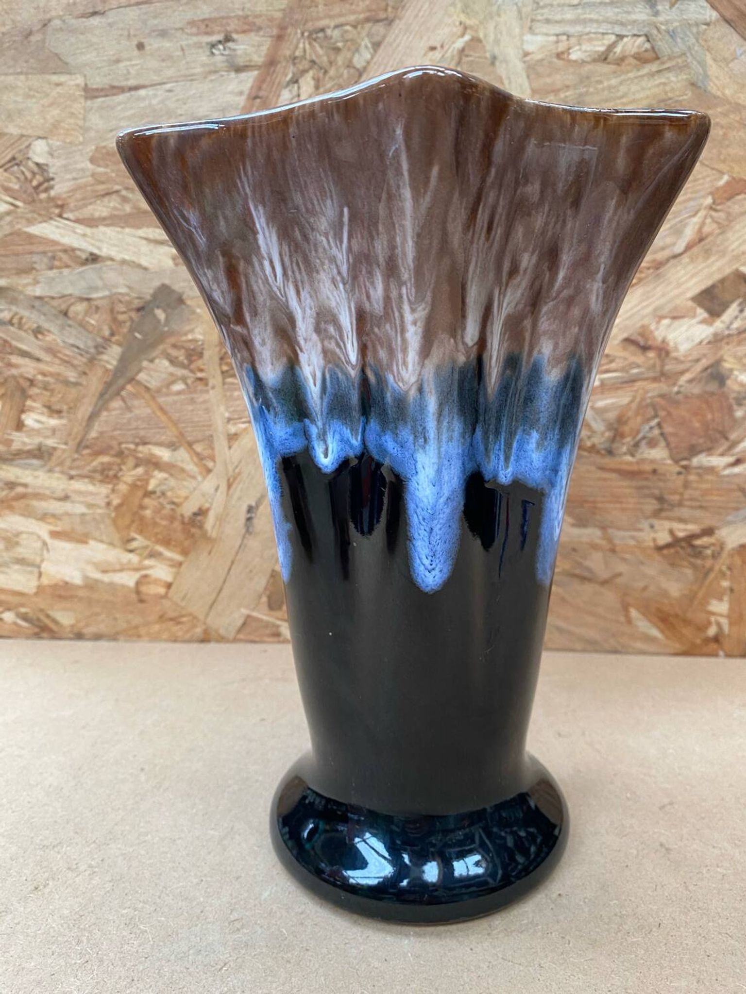 Antique Vallauris Style Ceramic Vase Black Blue Beige Vintage