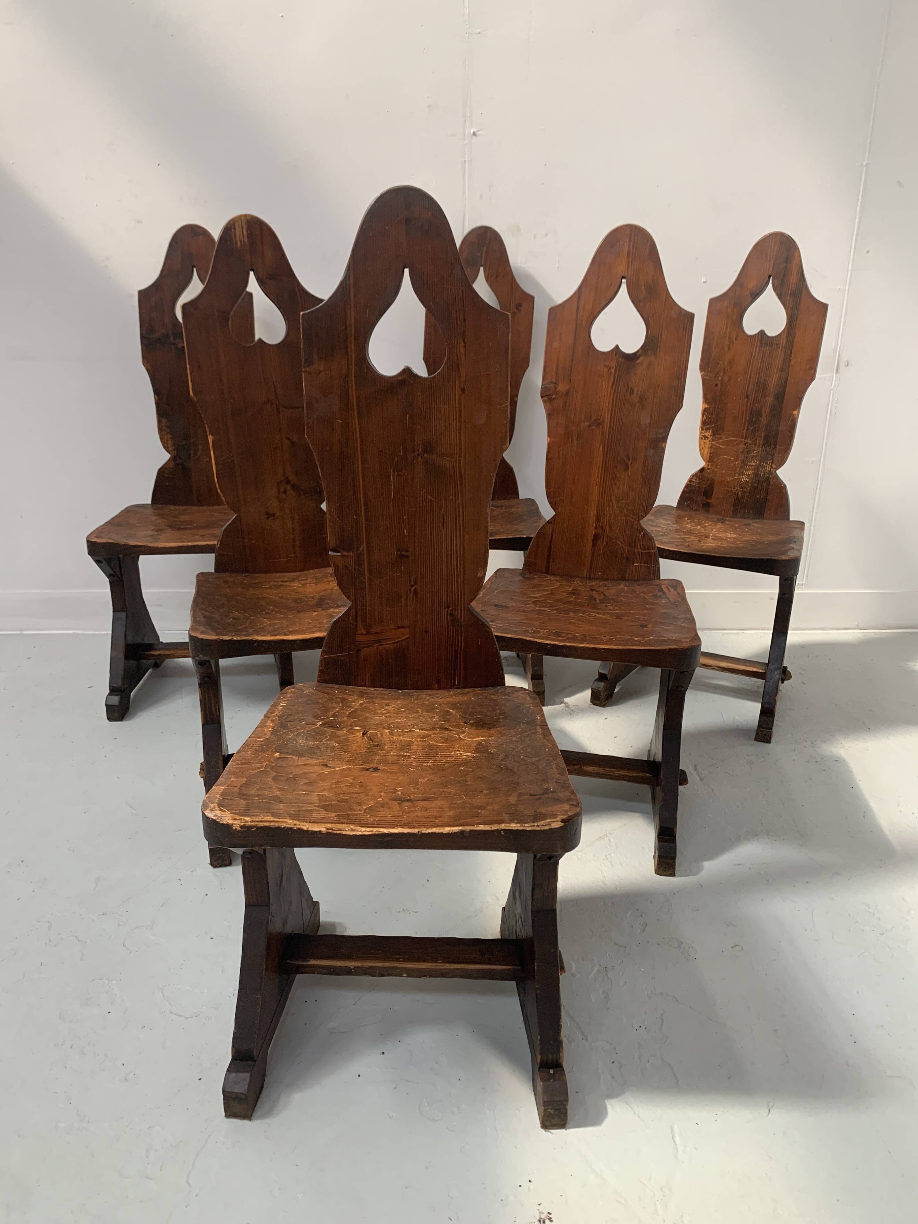 Set of six natural wood chairs "Brutalist art" 20th century