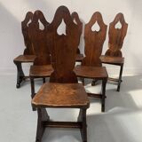 Set of six natural wood chairs "Brutalist art" 20th century
