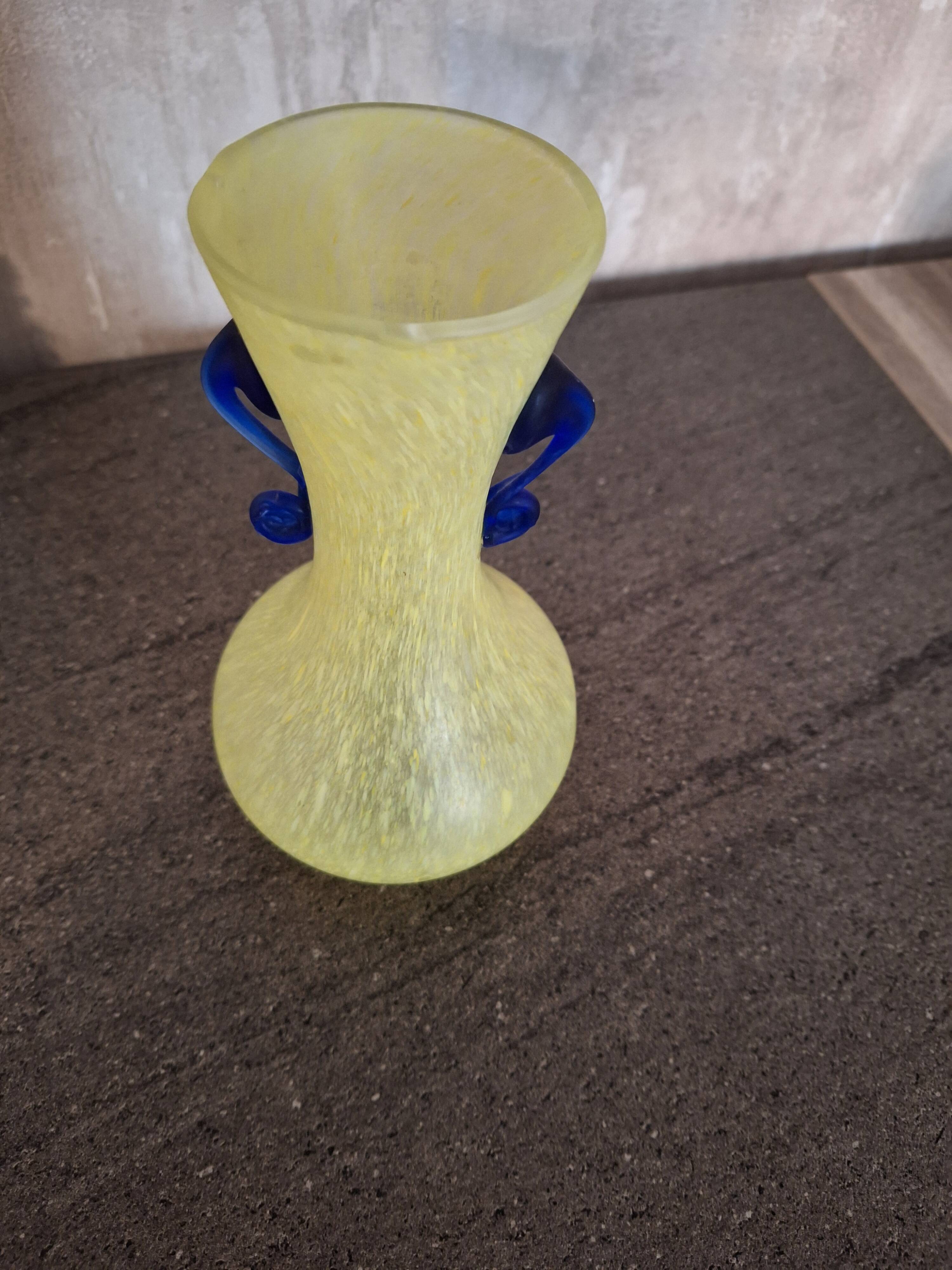 Yellow glass paste vase with navy blue handles