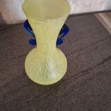 Yellow glass paste vase with navy blue handles