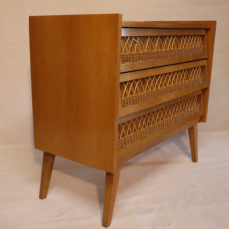 Commode vintage en bois et rotin 1960