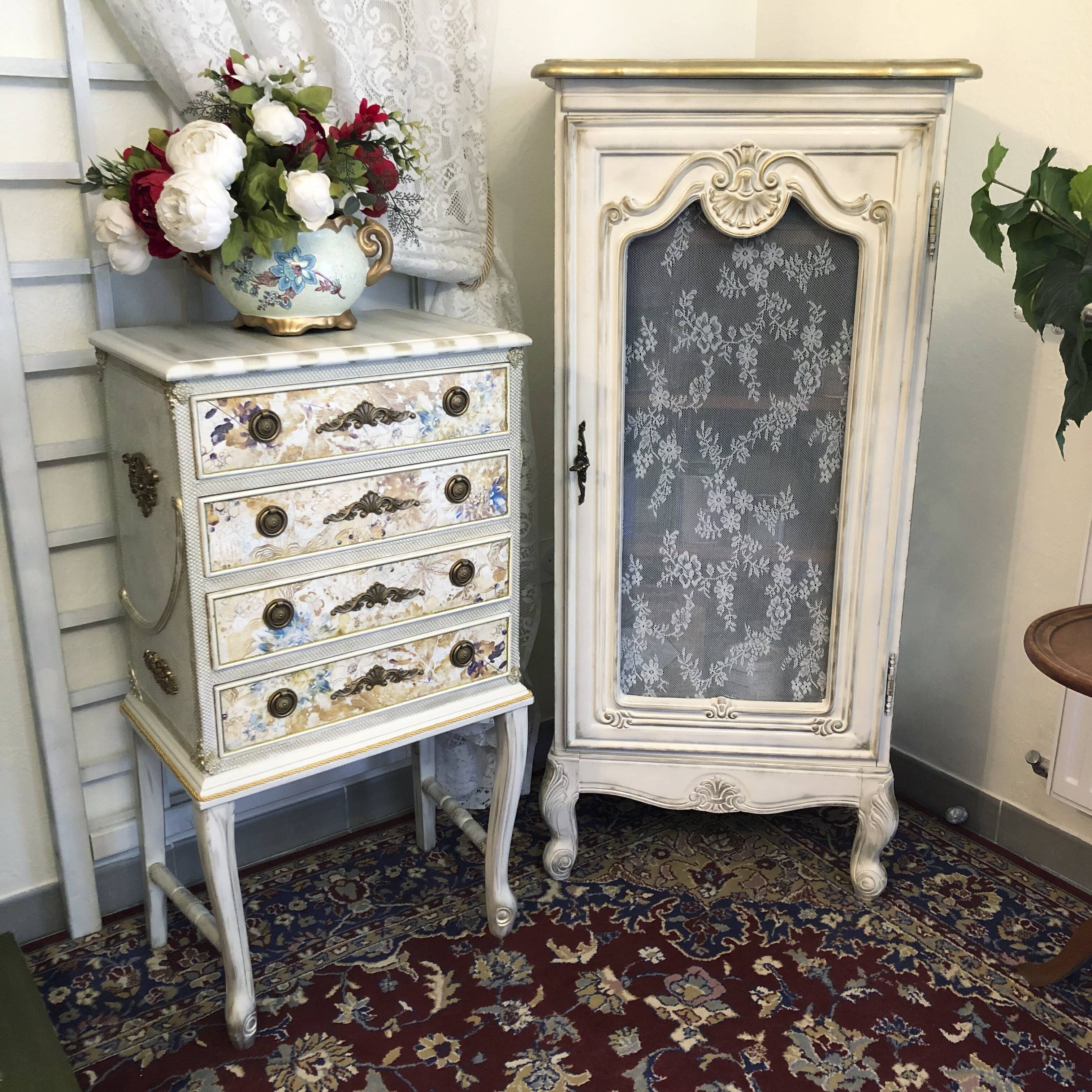 Vintage commode refurbished with 4 drawers in classic style with floral decor.
