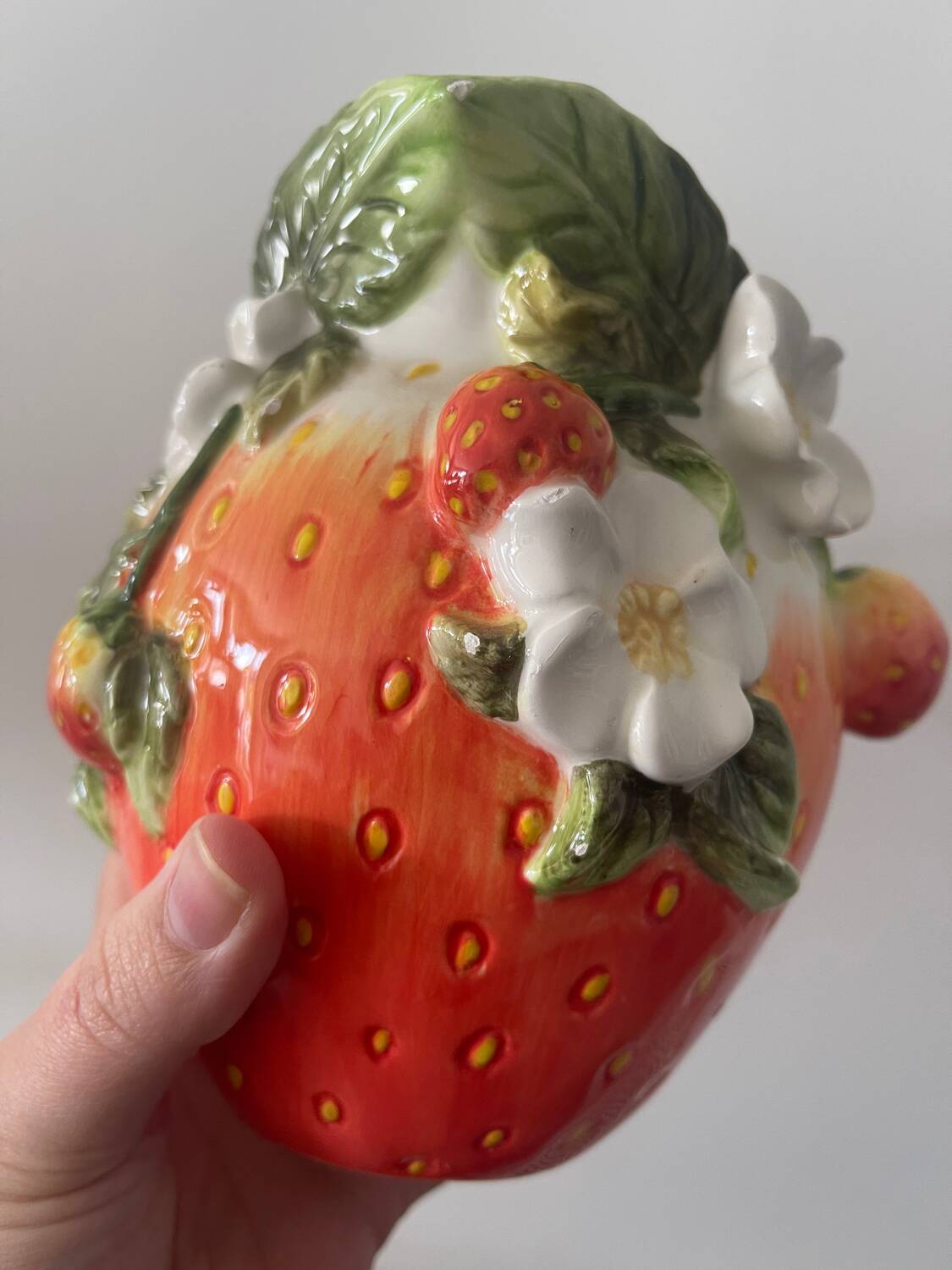 Strawberry shaped pitcher with vintage flowers ceramic pitcher in shape