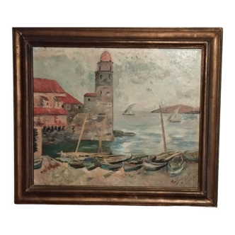 Painting in oil on canvas, theme "Collioure" by the painter Peysache signed