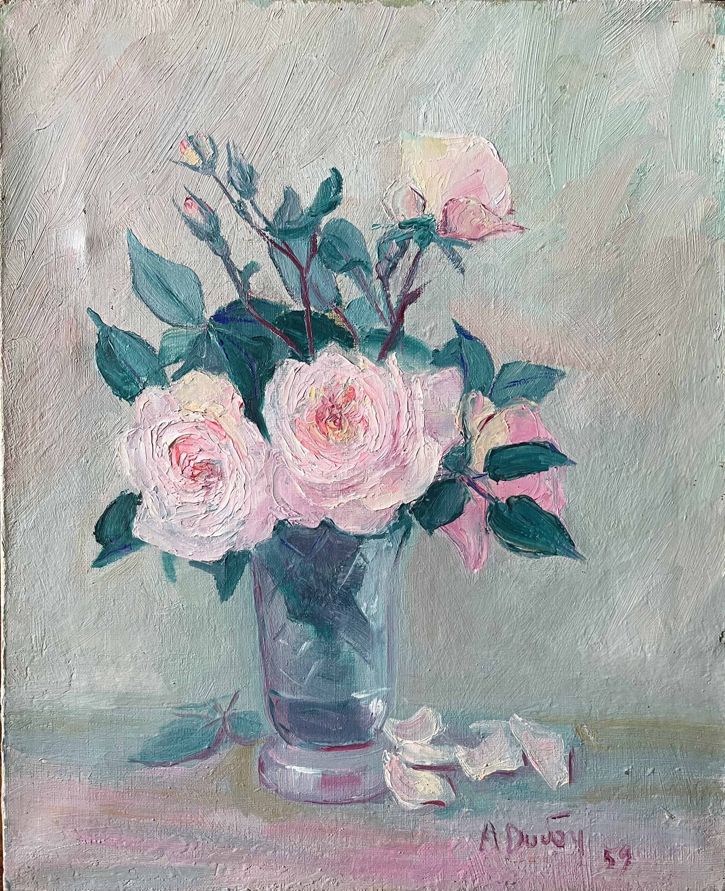 Old painting HST "Bouquet of Roses in a Vase" signed 1959