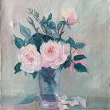 Old painting HST "Bouquet of Roses in a Vase" signed 1959